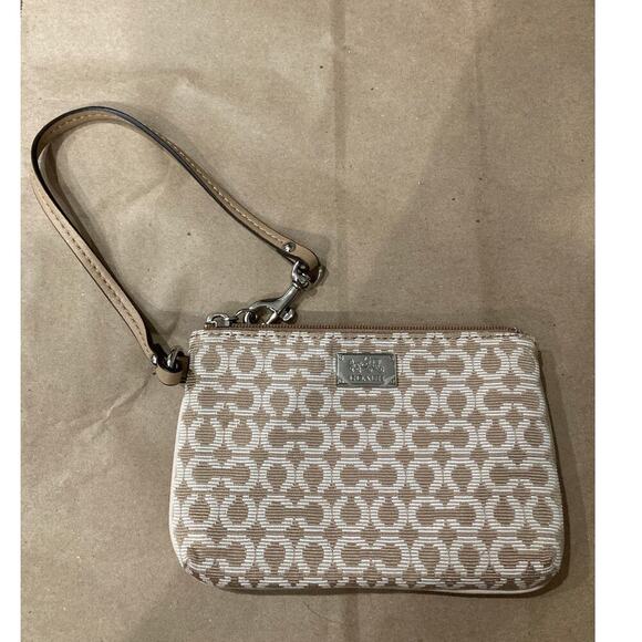 COACH SMALL TAN, IVORY SIGNATURE PRINT CANVAS WRISTLET - Picture 1 of 7